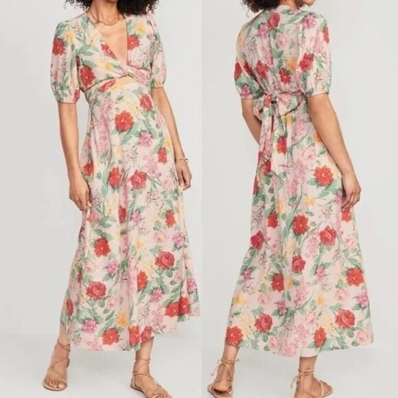 Old Navy XL Floral Wrap Dress V-Neck Puff Sleeve Multicolor - Picture 1 of 6
